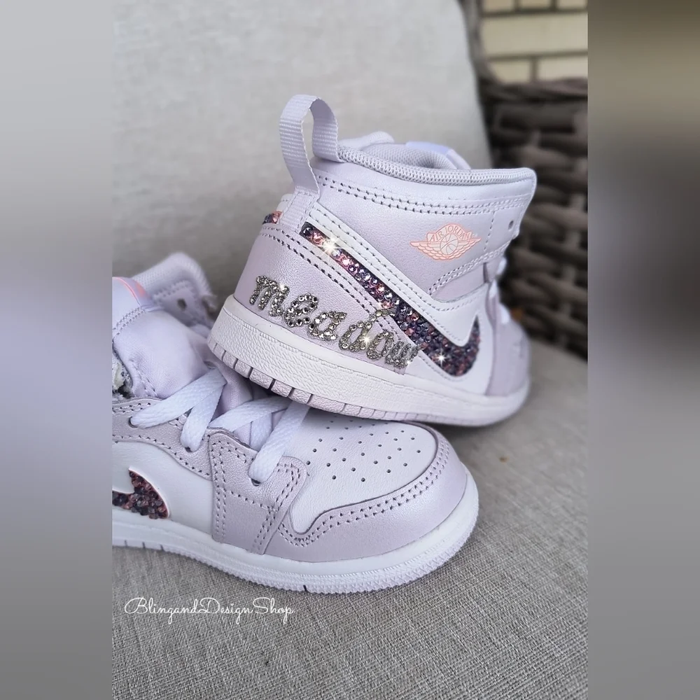 Girls Jordan 1 Mid SE Toddler Shoes Custom With Swarovski Crystals Personalized